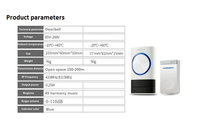 Wireless Smart Doorbell Home Stænktæt Wall Plug- Door Chime 300m+ 2Receivers White