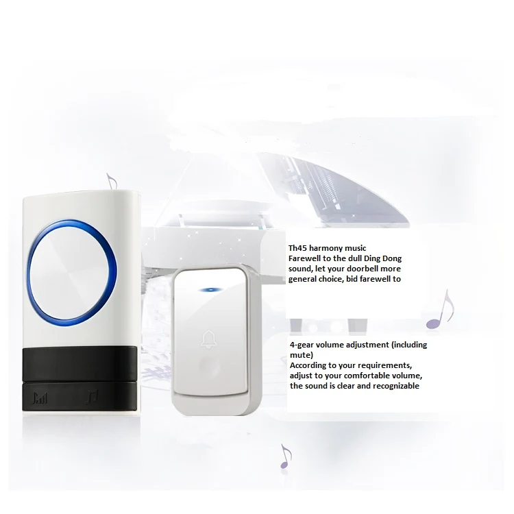 Wireless Smart Doorbell Home Stænktæt Wall Plug- Door Chime 300m+ 2Receivers White