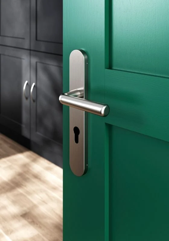 GoodHome Robust dørhåndtag med roset og nøglehul, satin-nikkel - ANSI/BHMA Certified