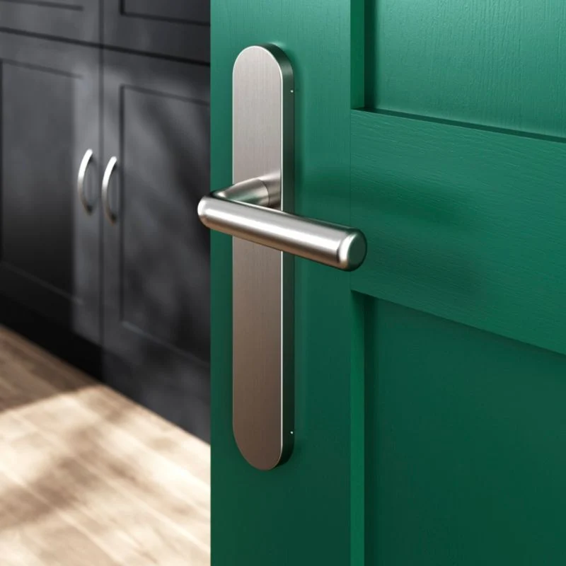 GoodHome Pålidelig dørhåndtag med roset i satin‑nikkel