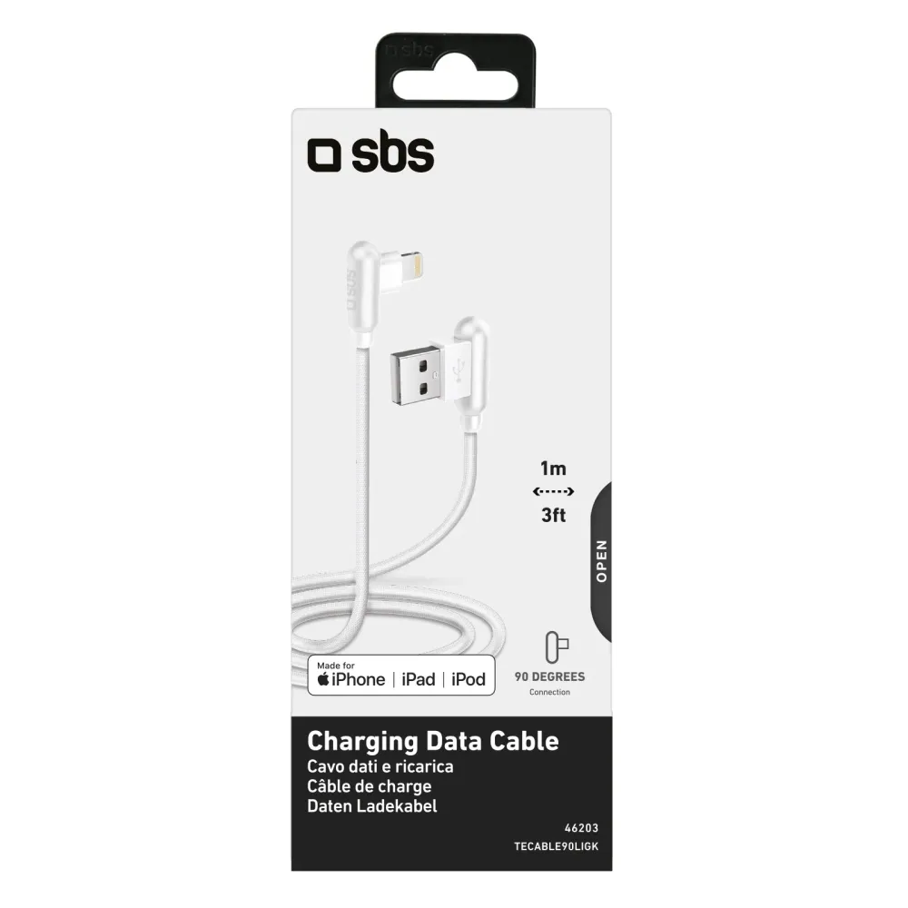 SBS 90° Ios charging kabel. 1m. Hvid