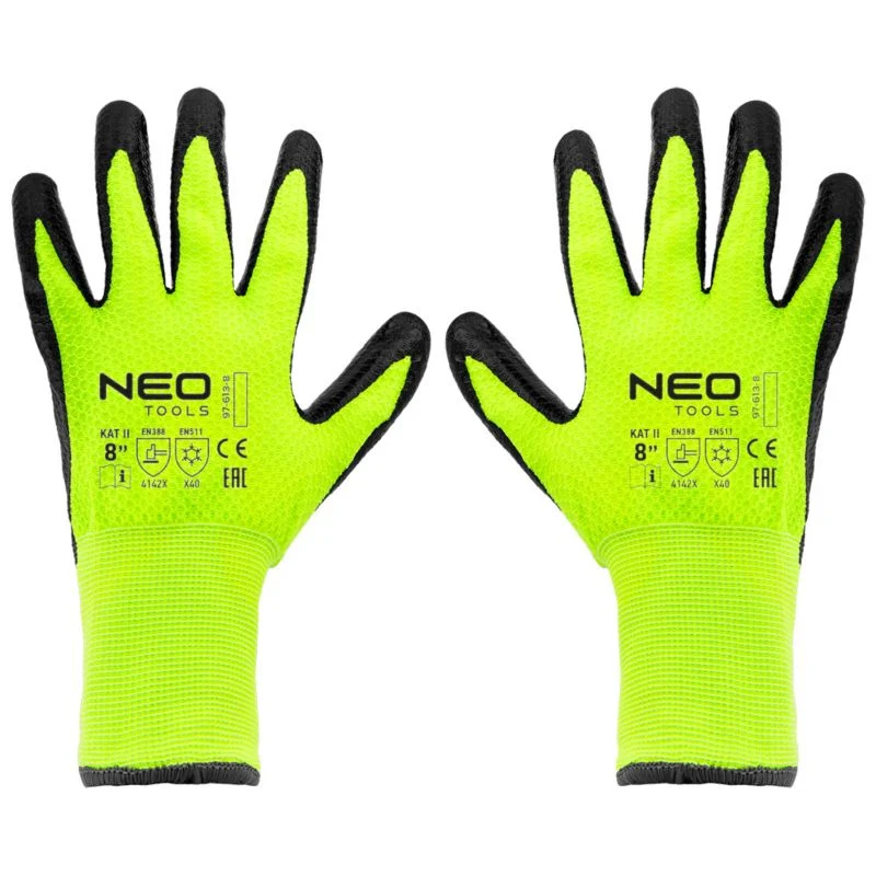 NEO TOOLS arbejdshandsker i nylon med latexbelægning, str. 8, lemon, 1 par