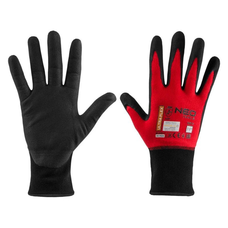 NEO TOOLS arbejdshandsker i polyamid og spandex med polymer-nitril belægning str. 11 sort-rød 1 par