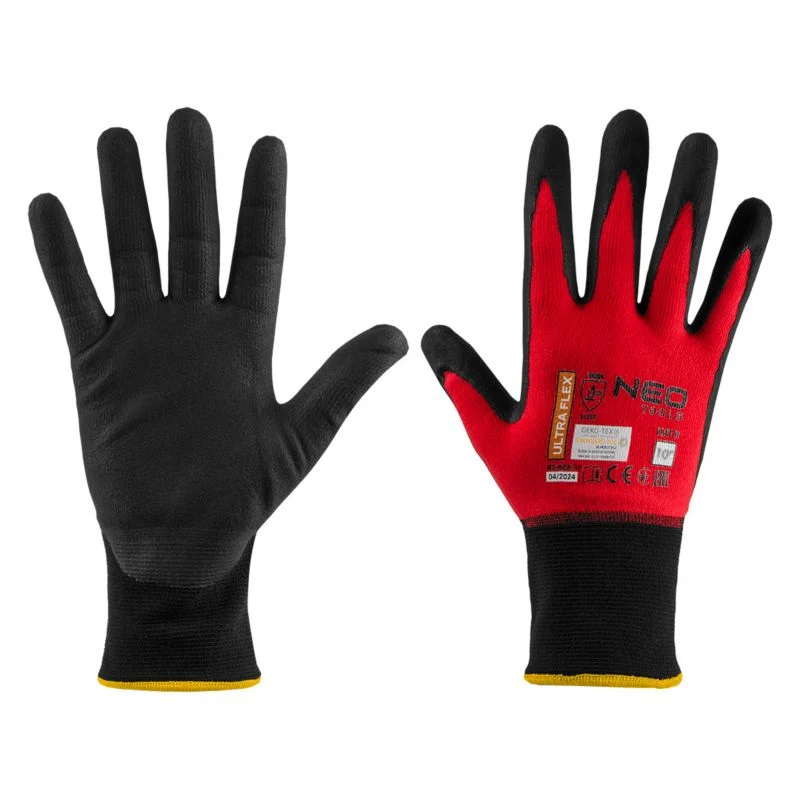 NEO TOOLS arbejdshandsker i synthetic og spandex med polymer-nitril belægning, str. 10, sort-rød, 1 par