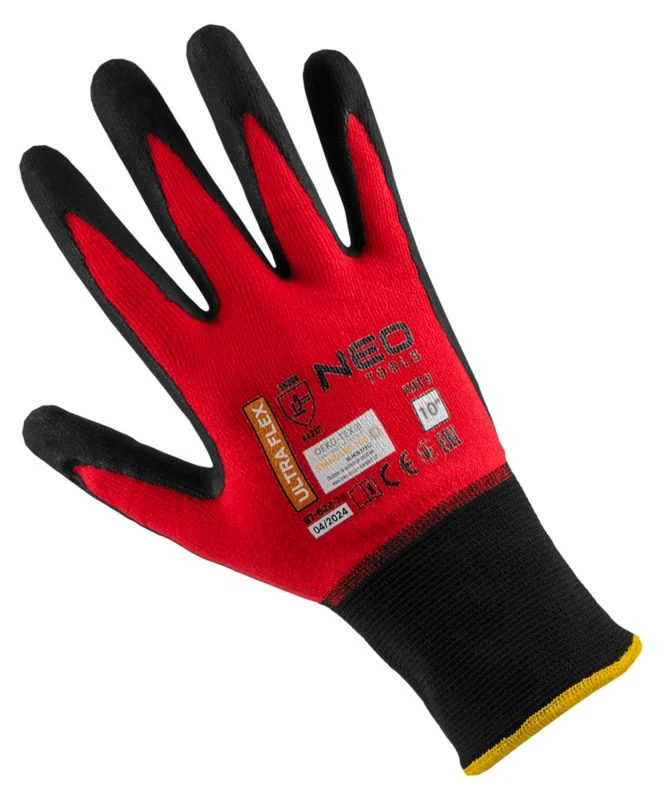 NEO TOOLS arbejdshandsker i synthetic og spandex med polymer-nitril belægning, str. 10, sort-rød, 1 par