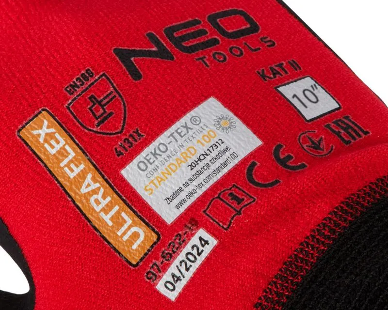 NEO TOOLS arbejdshandsker i synthetic og spandex med polymer-nitril belægning, str. 10, sort-rød, 1 par
