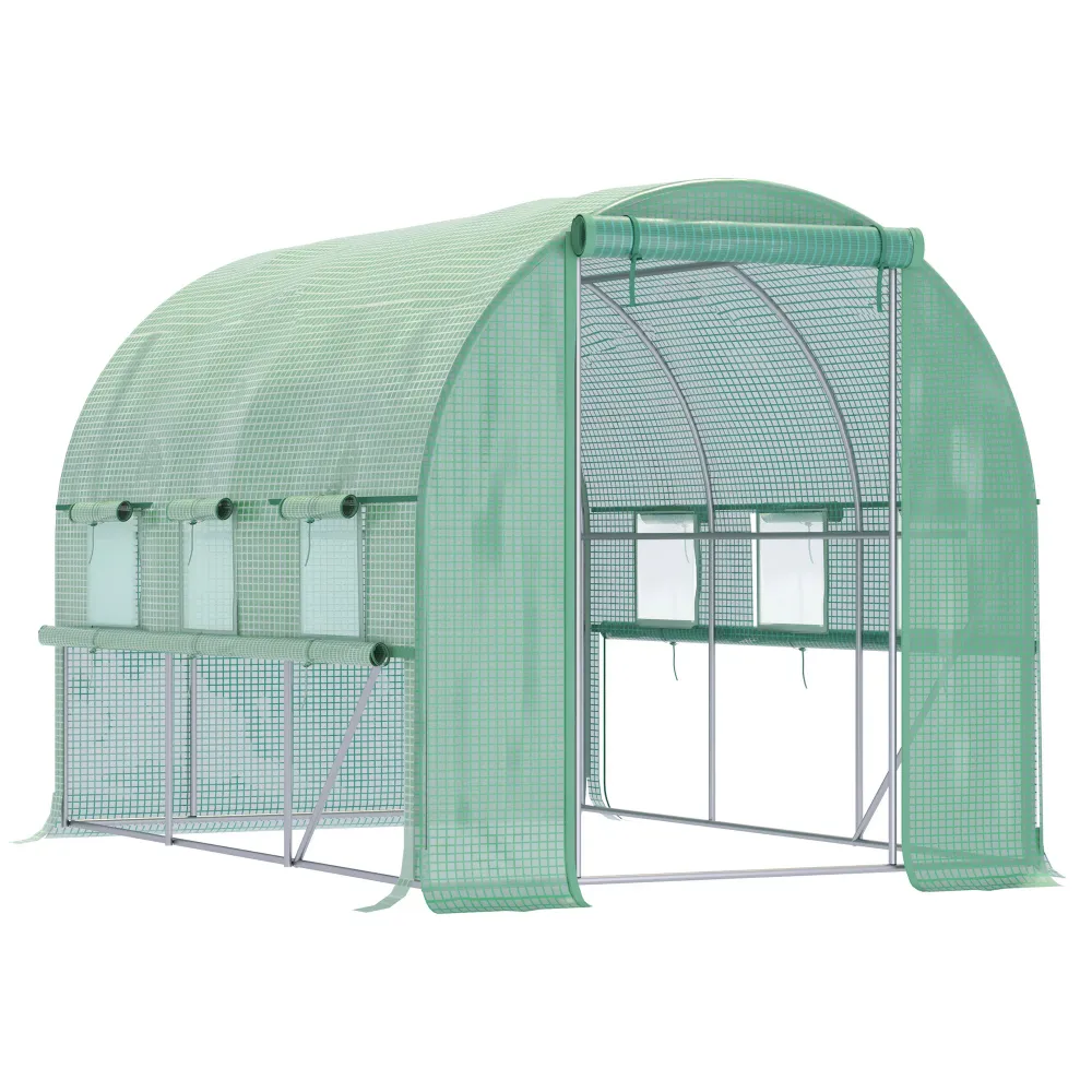 Polytunnel drivhus, 6 rullevinduer, lynlåsdør, ramme i rustfrit metal, 2,95 x 2 x 2 m, grøn