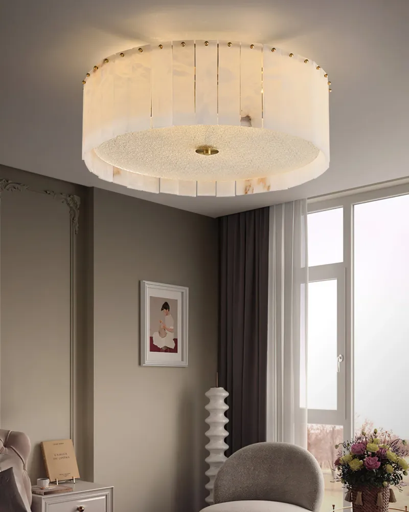 Alabaster Ceiling Light | Natural Stone Panels Brass Accents Diameter