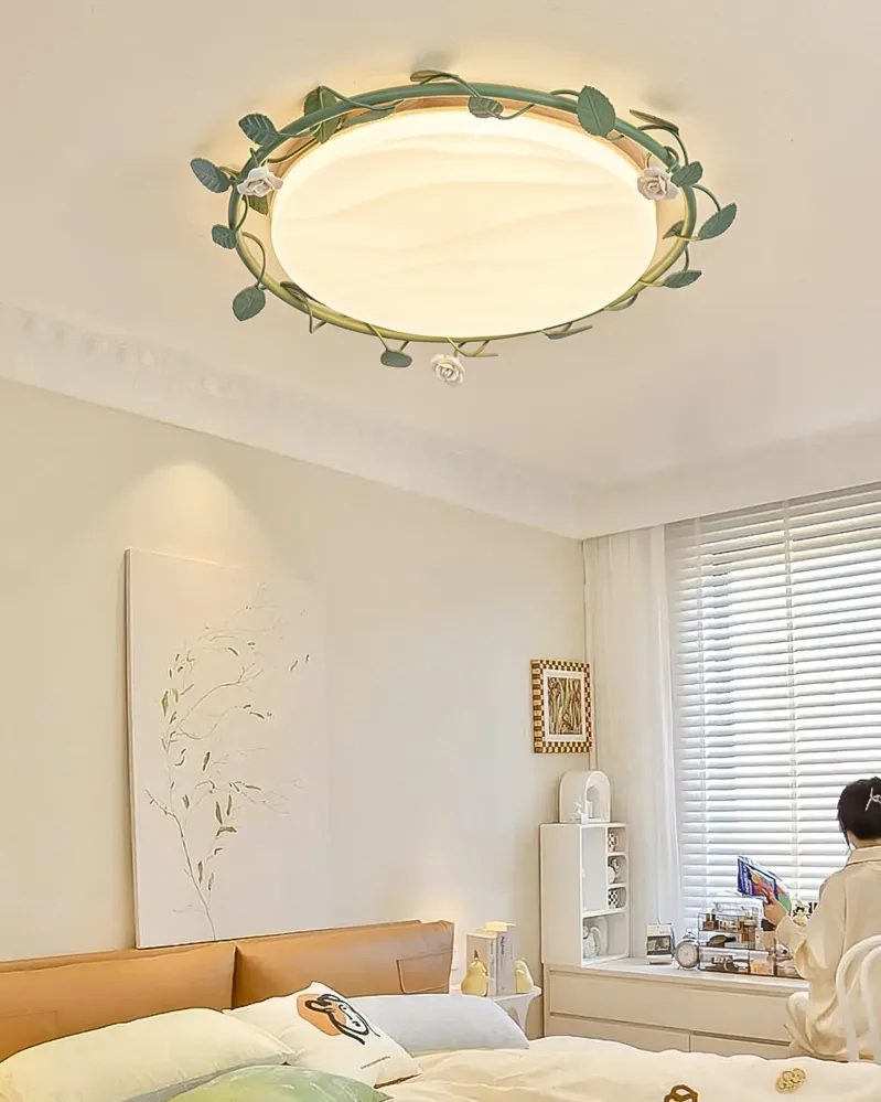 Floral Ceiling Light | Rose Wreath Design Green Accents Diameter