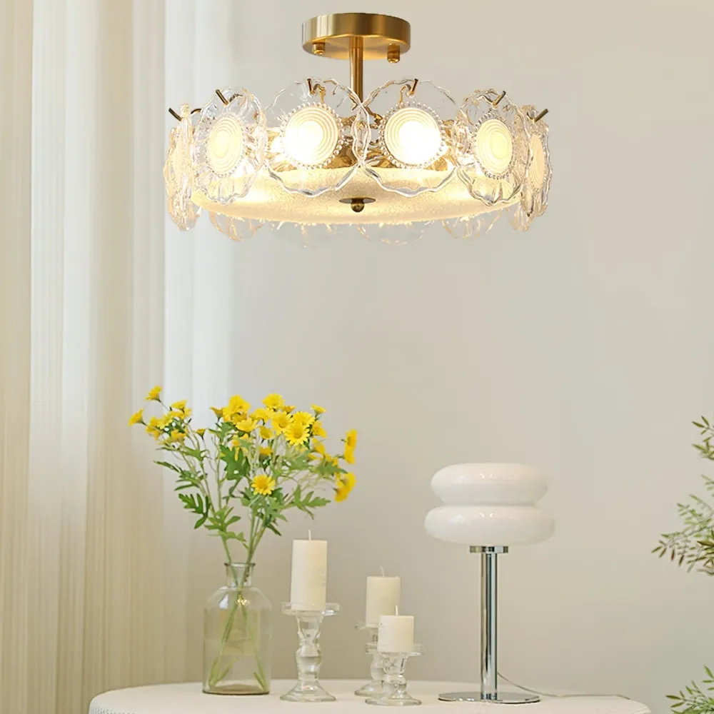 Floral Glass Ceiling Light | Textured Clear Shade Gold Finish Diameter