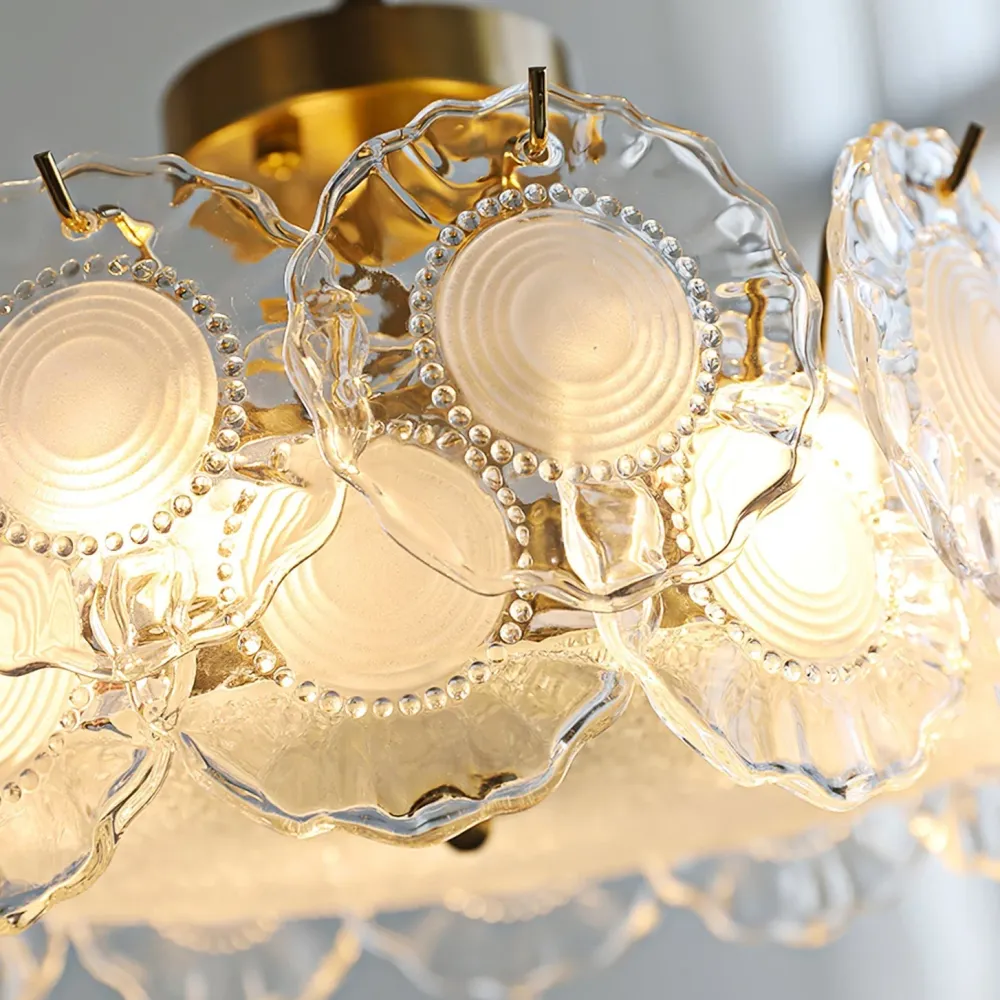 Floral Glass Ceiling Light | Textured Clear Shade Gold Finish Diameter
