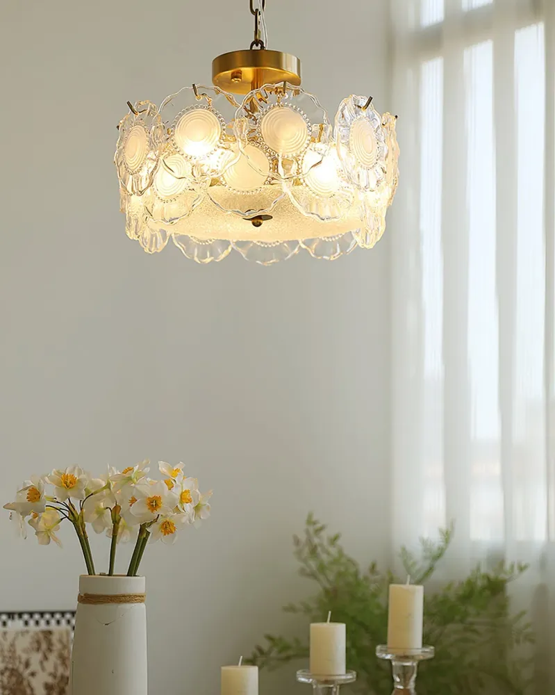 Floral Glass Ceiling Light | Textured Clear Shade Gold Finish Diameter