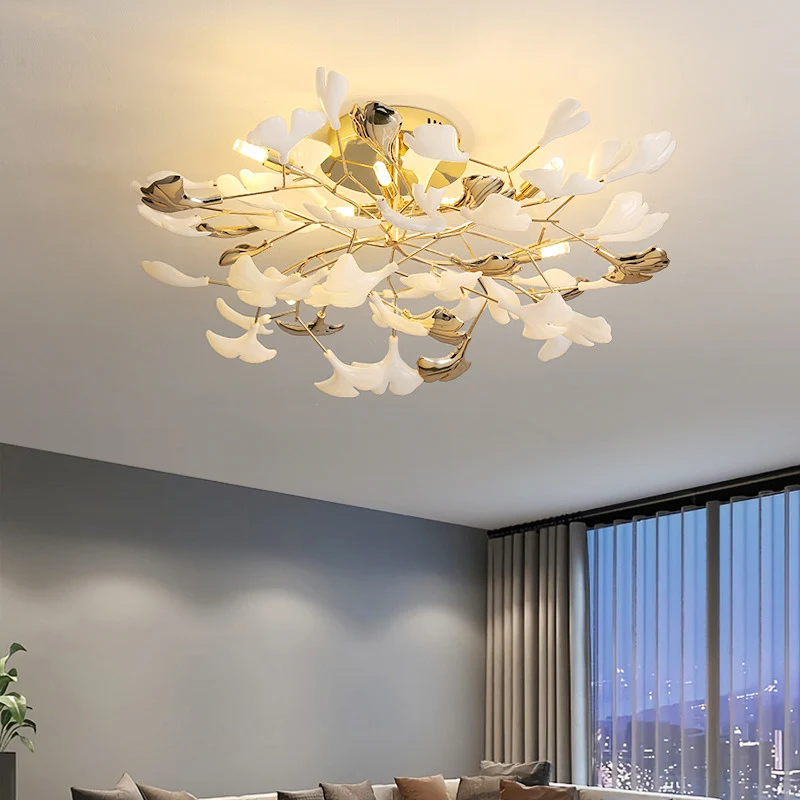 Ginkgo Leaf Ceiling Light | Gold Frame Ceramic Leaf Design Gold48