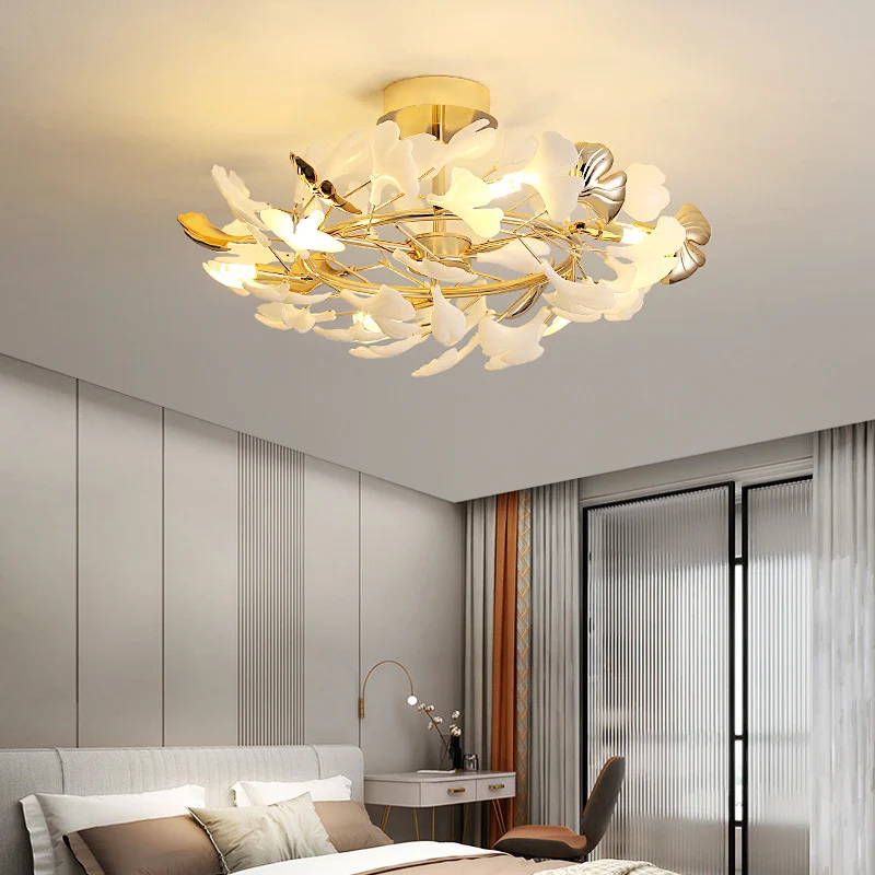 Ginkgo Leaf Ceiling Light | Gold Frame Ceramic Leaf Design Gold48