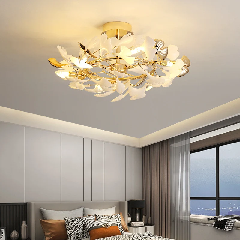 Ginkgo Leaf Ceiling Light | Gold Frame Ceramic Leaf Design Gold48
