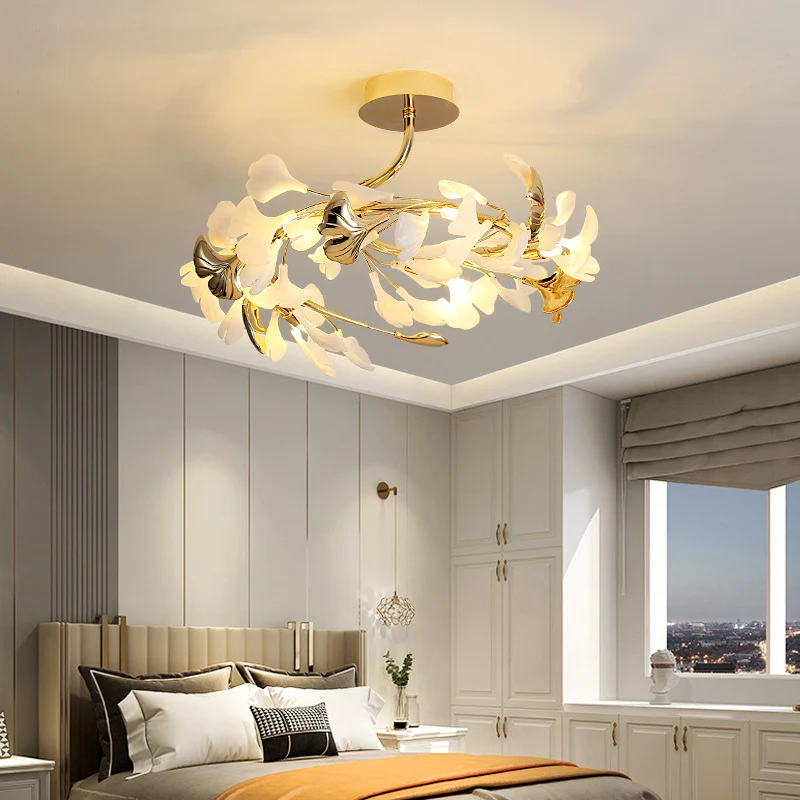 Ginkgo Leaf Ceiling Light | Gold Frame Ceramic Leaf Design Gold48