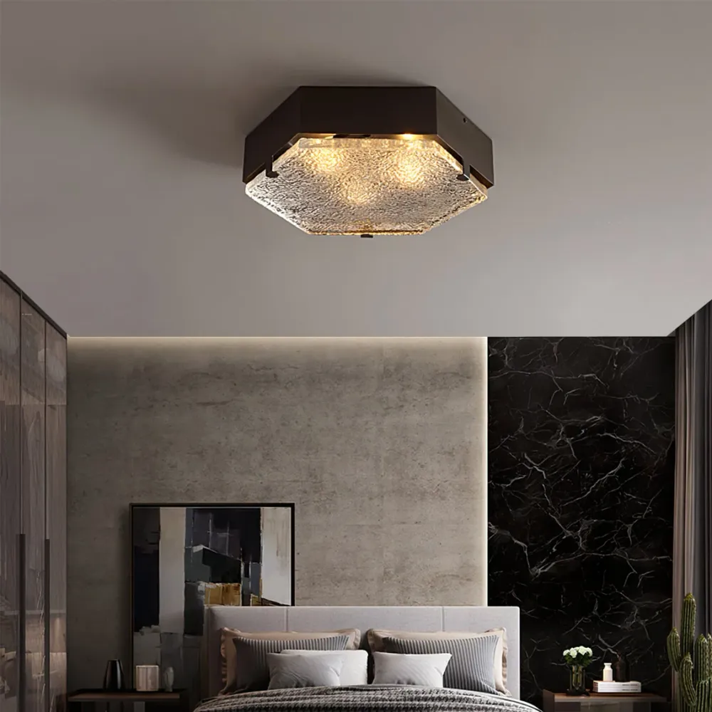 Hexagonal Ceiling Light | Black Metal Glass Shade