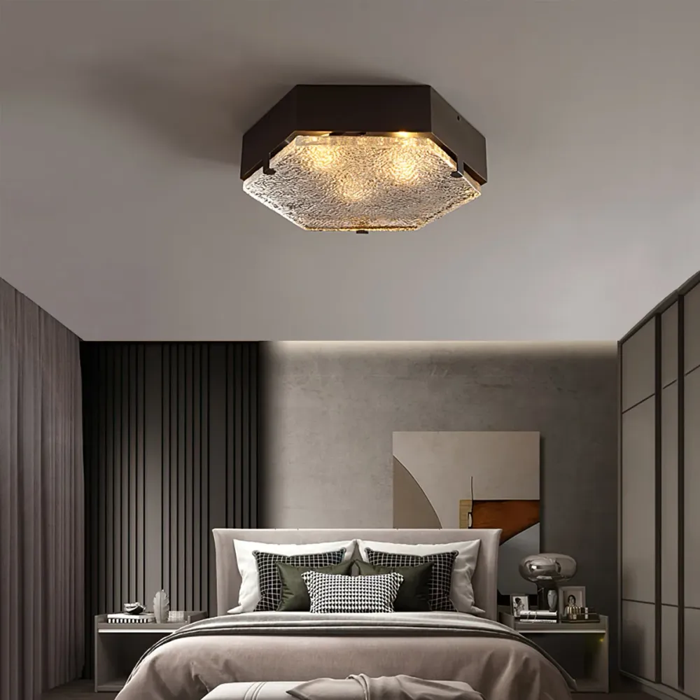 Hexagonal Ceiling Light | Black Metal Glass Shade