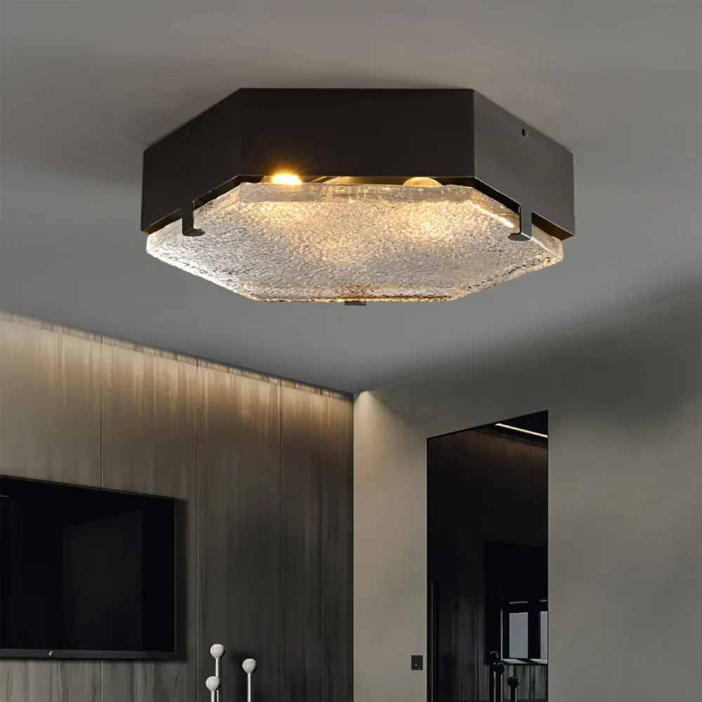 Hexagonal Ceiling Light | Black Metal Glass Shade