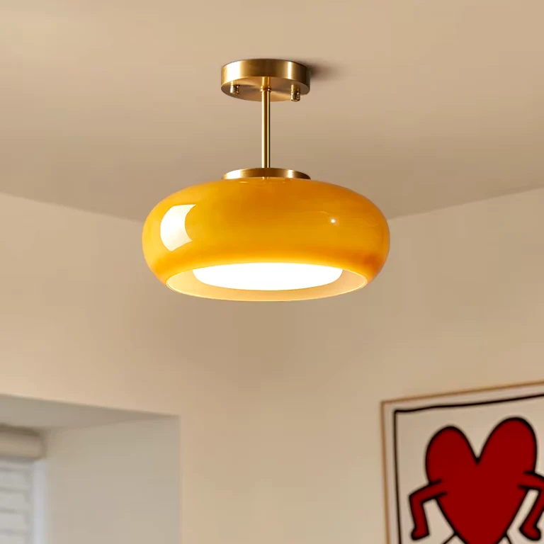 Modern Glass Ceiling Light | Amber Dome Brass Finish Diameter