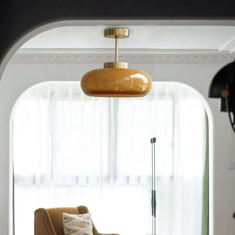 Modern Glass Ceiling Light | Amber Dome Brass Finish Diameter