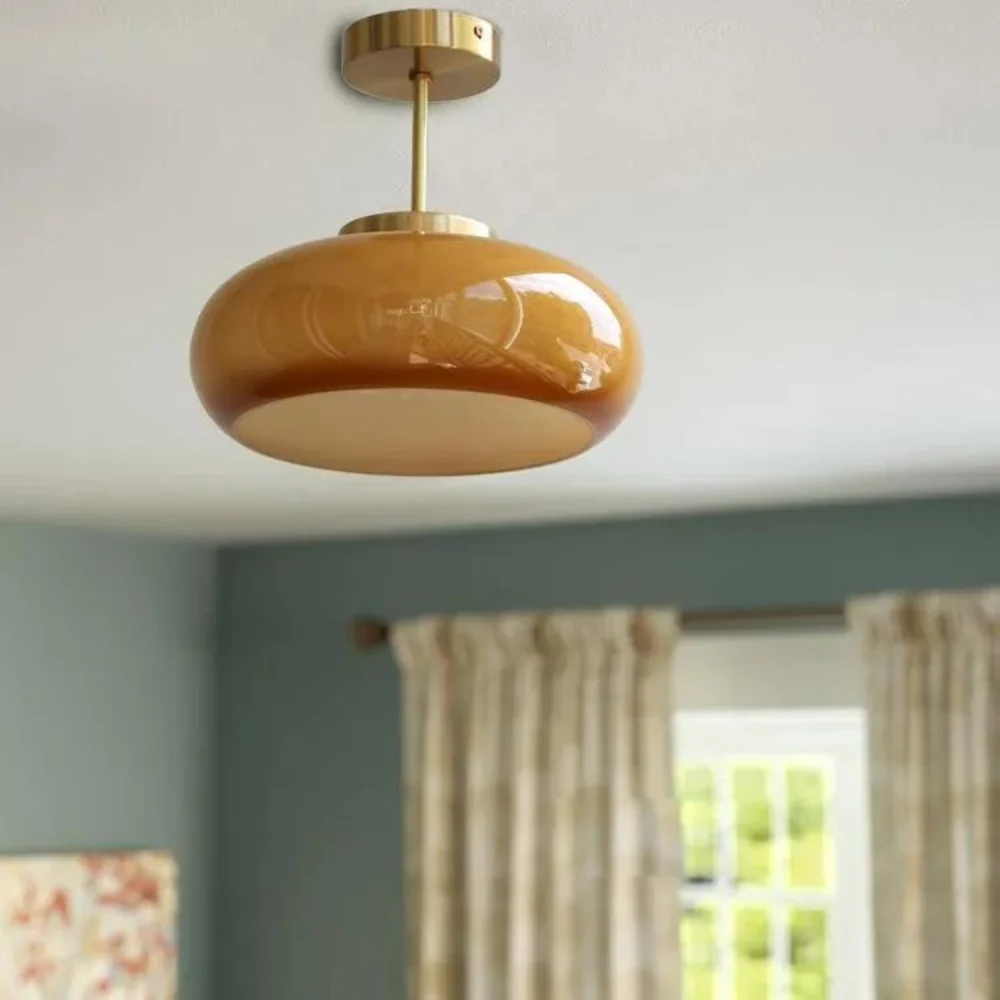 Modern Glass Ceiling Light | Amber Dome Brass Finish Diameter