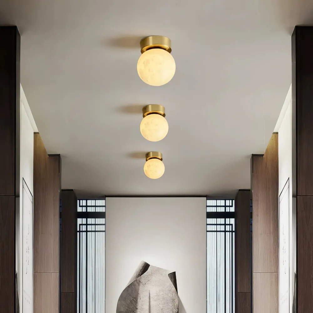 Modern Globe Ceiling Light | Alabaster Glass Brass Trim Square