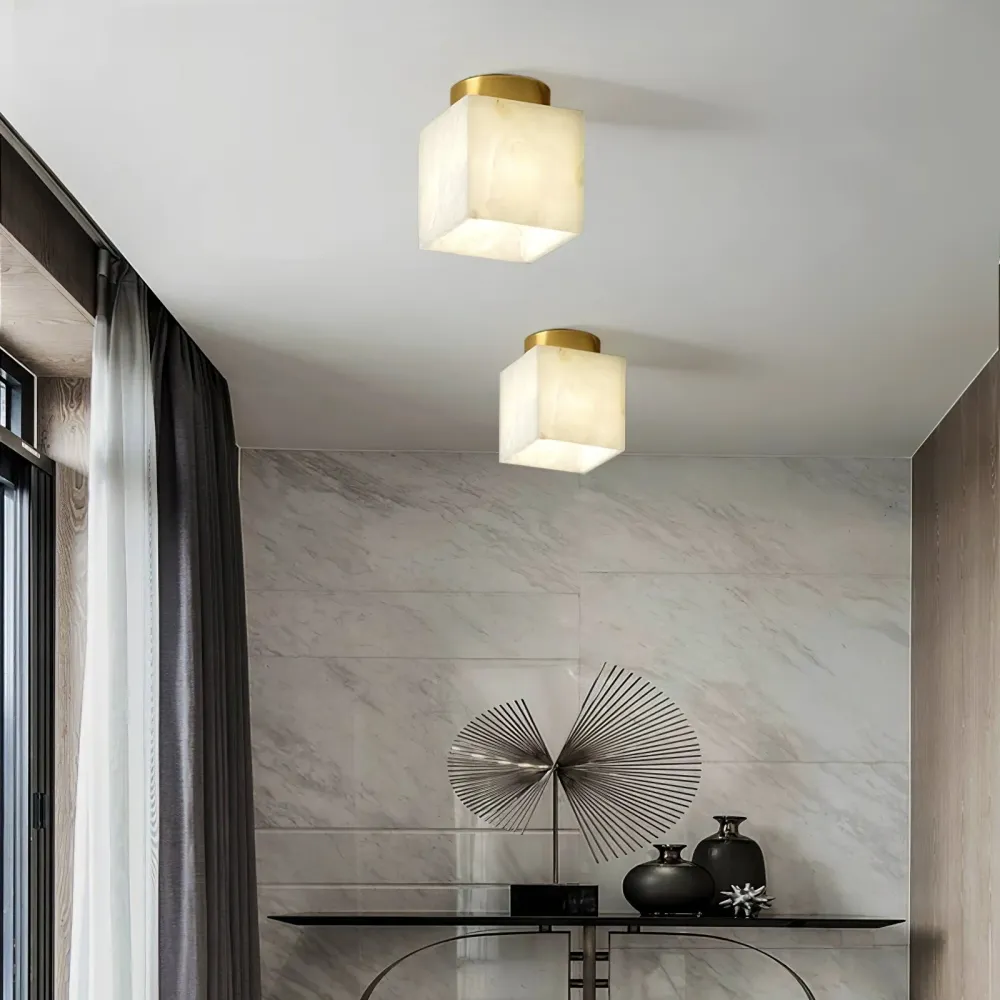 Modern Globe Ceiling Light | Alabaster Glass Brass Trim Square