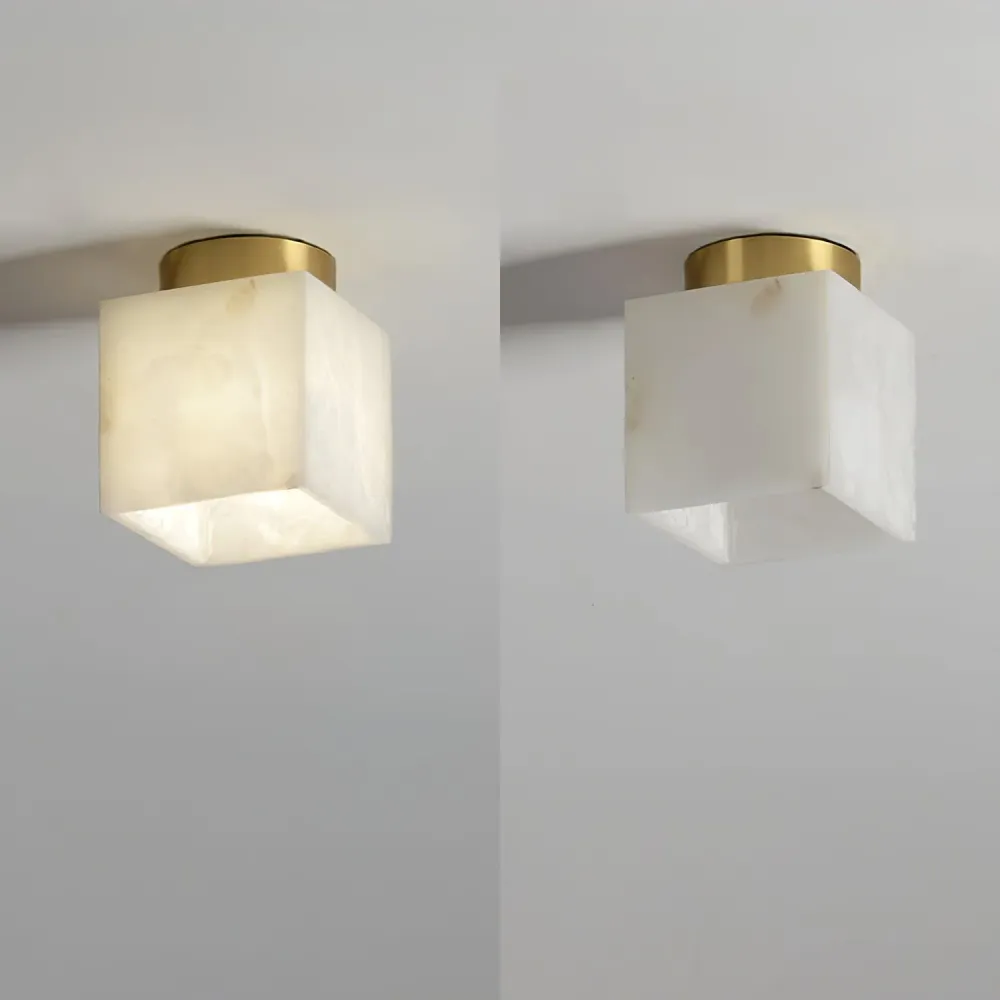 Modern Globe Ceiling Light | Alabaster Glass Brass Trim Square