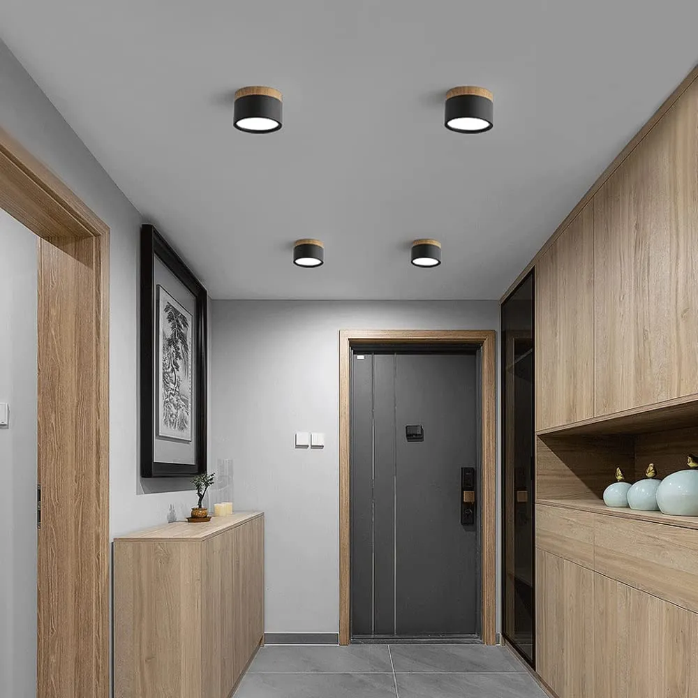 Modern LED Ceiling Light | Wood Trim Black Cylinder Black