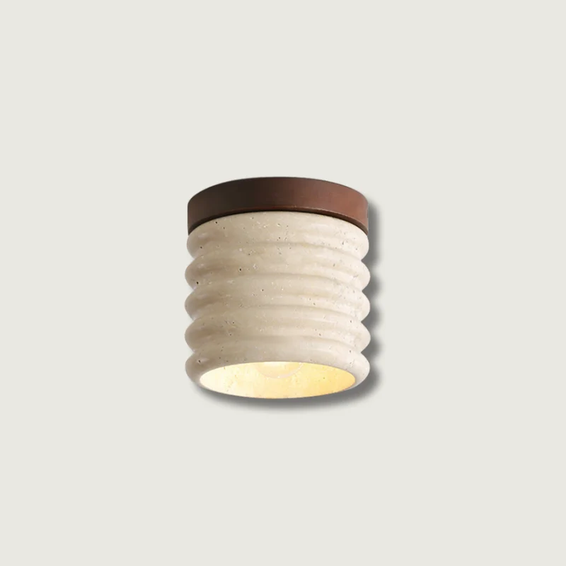 Modern Travertine Ceiling Light | Ribbed Stone and Wood Design