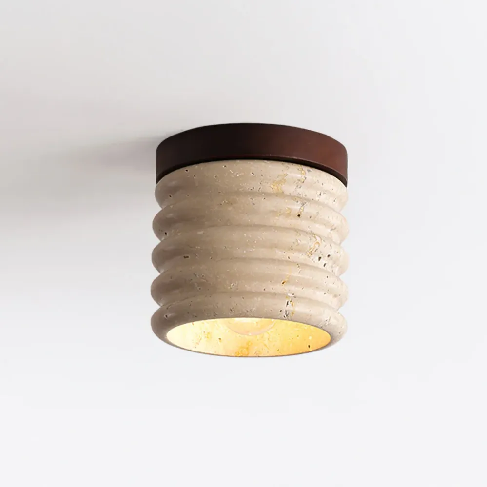 Modern Travertine Ceiling Light | Ribbed Stone and Wood Design