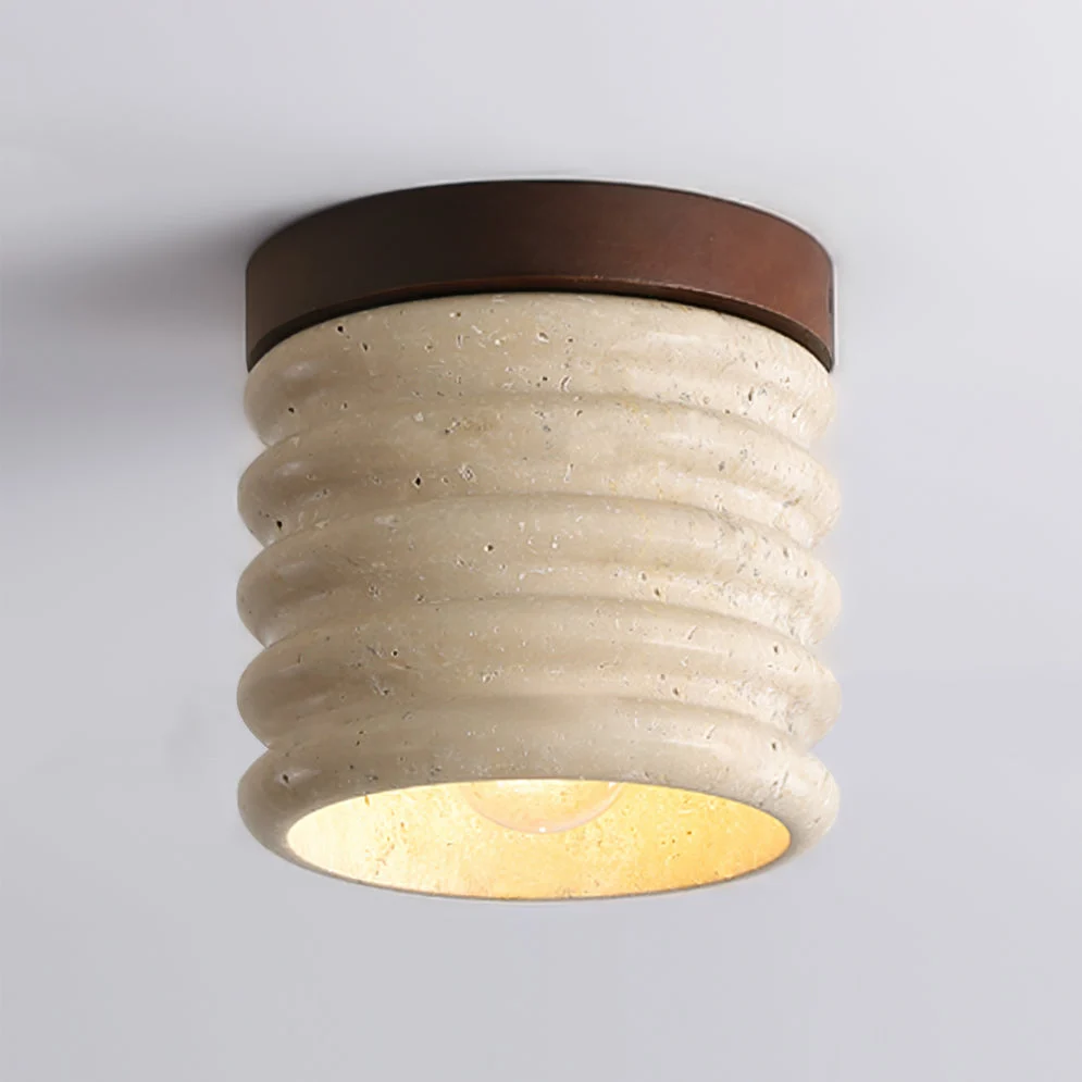 Modern Travertine Ceiling Light | Ribbed Stone and Wood Design