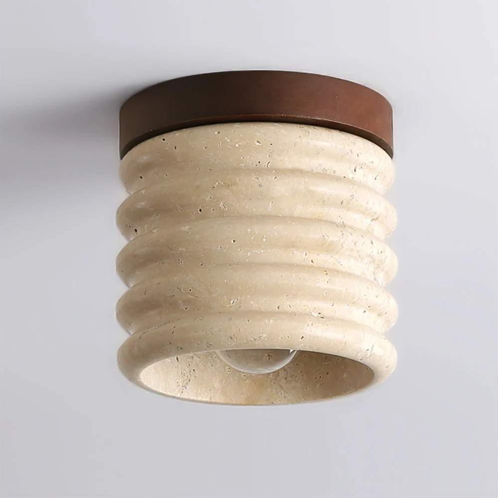 Modern Travertine Ceiling Light | Ribbed Stone and Wood Design