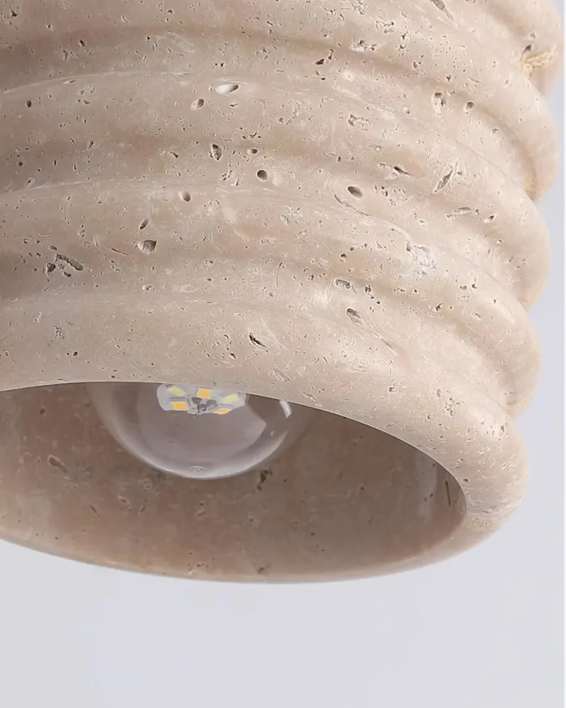 Modern Travertine Ceiling Light | Ribbed Stone and Wood Design