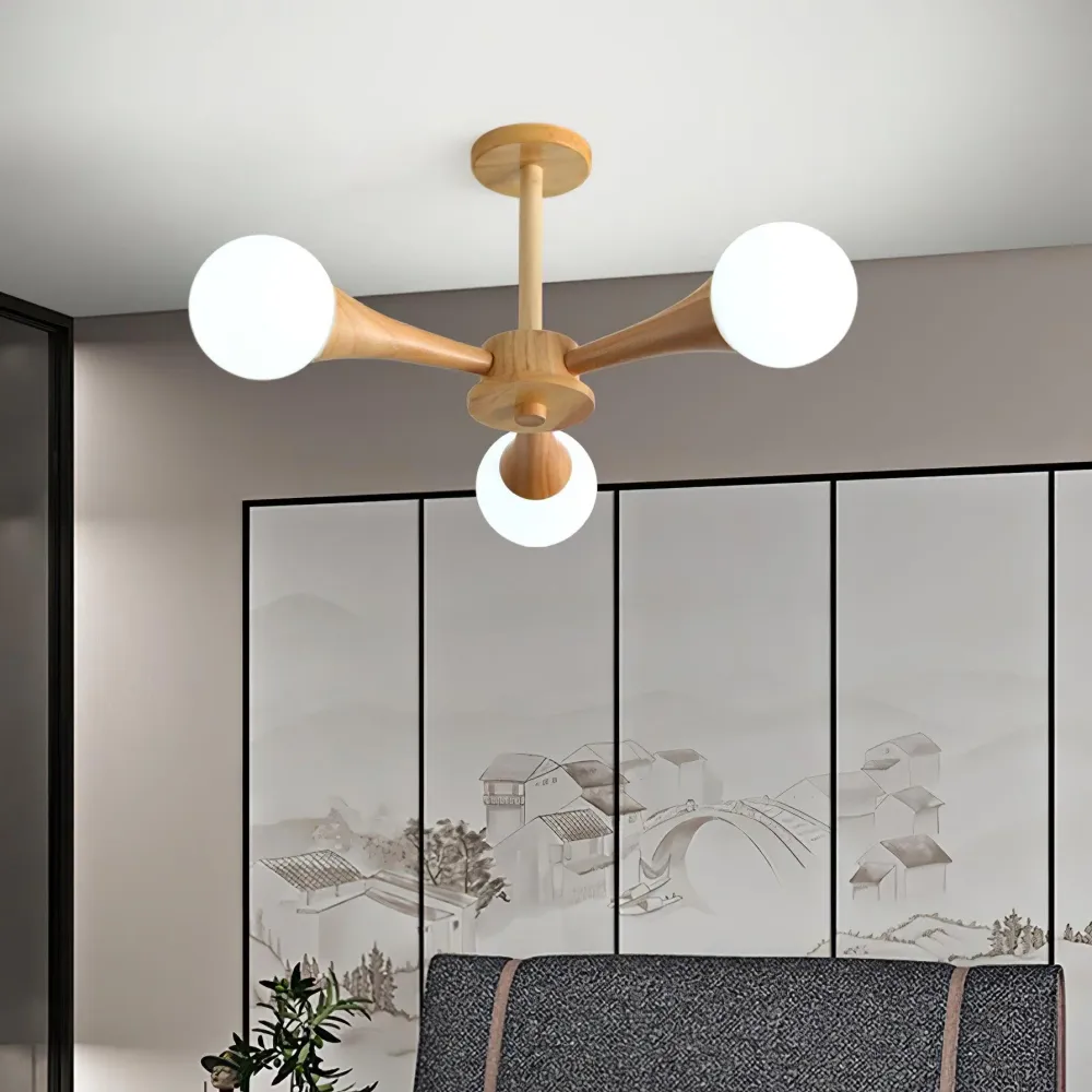 Modern Wooden Ceiling Light | Triple Globe Glass Shades 3