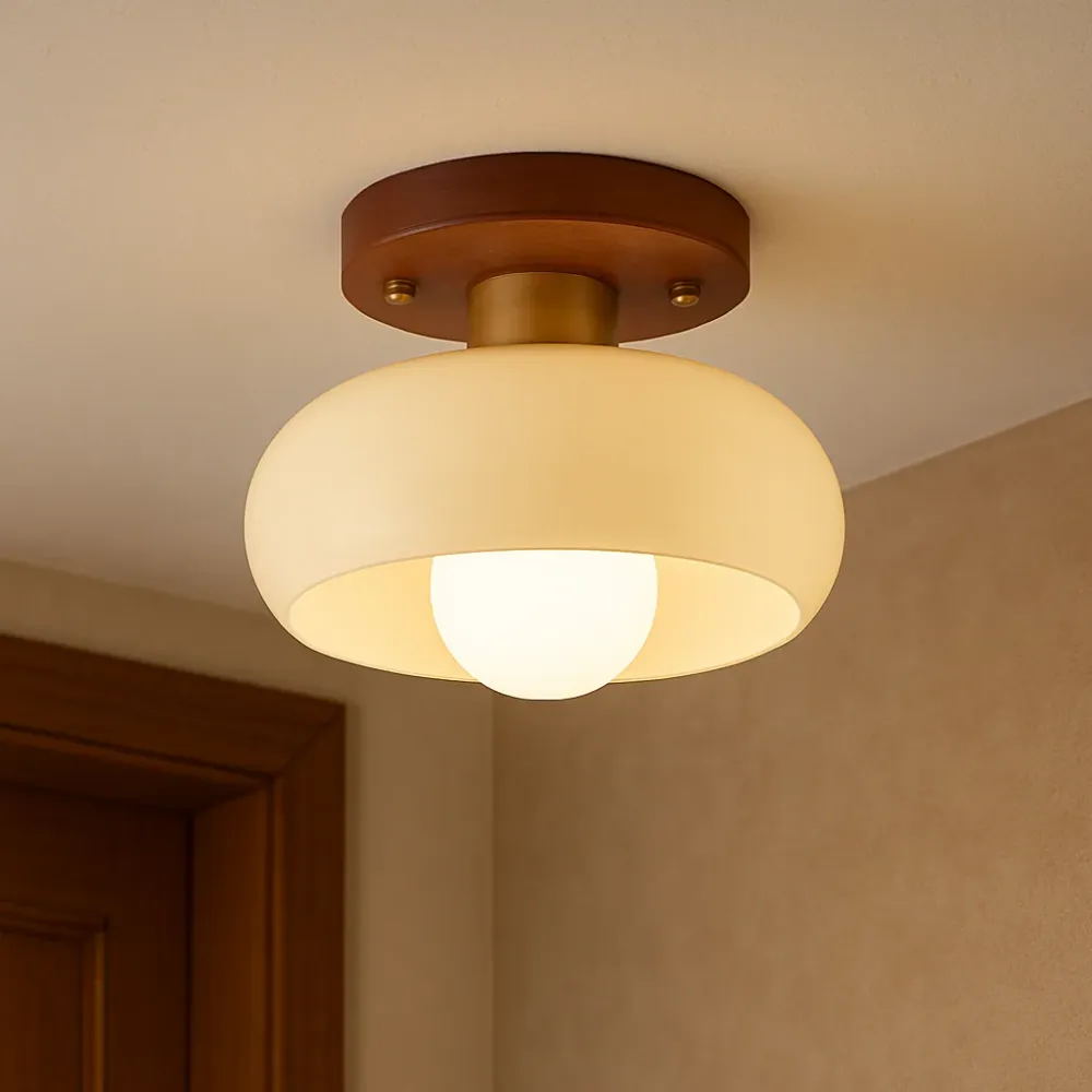 Nordic Ceiling Light | Warm Wood Cream Glass Shade