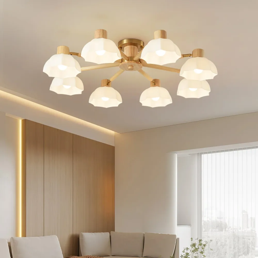Scandinavian Ceiling Light | Wood and Glass Flower Design Gold