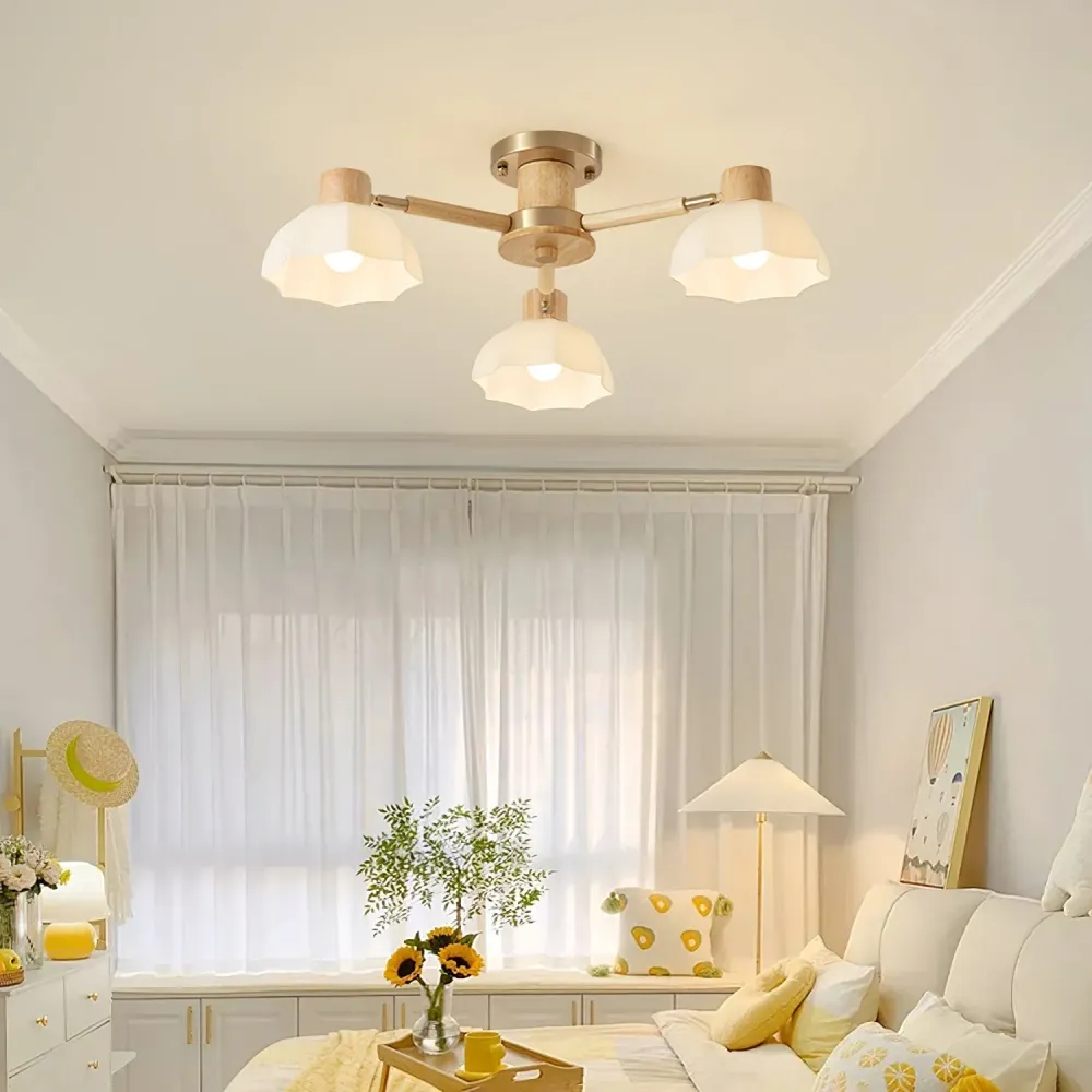 Scandinavian Ceiling Light | Wood and Glass Flower Design Gold