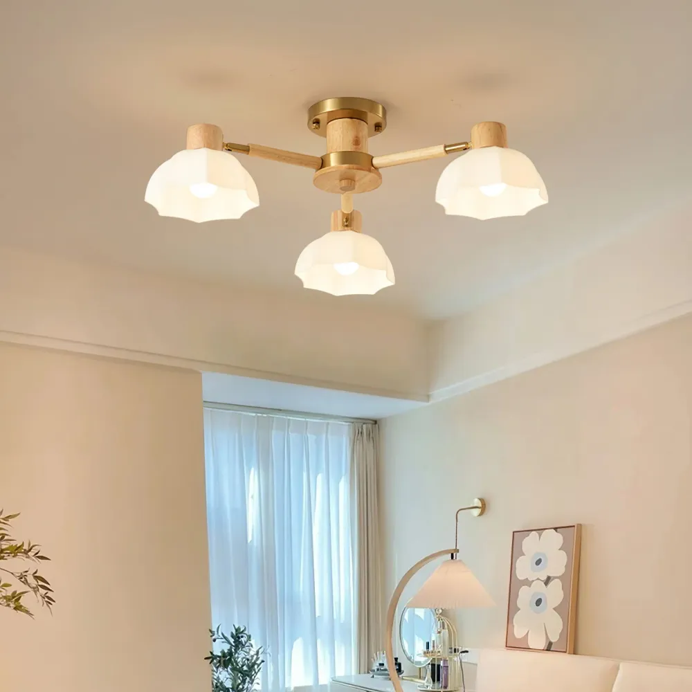 Scandinavian Ceiling Light | Wood and Glass Flower Design Gold