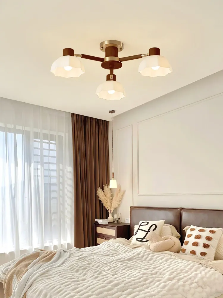 Scandinavian Ceiling Light | Wood and Glass Flower Design Gold