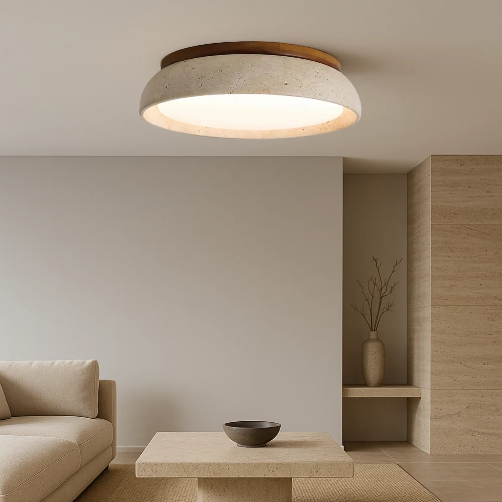Travertine Ceiling Light | Natural Stone Wood Accent Design %e2%88%85