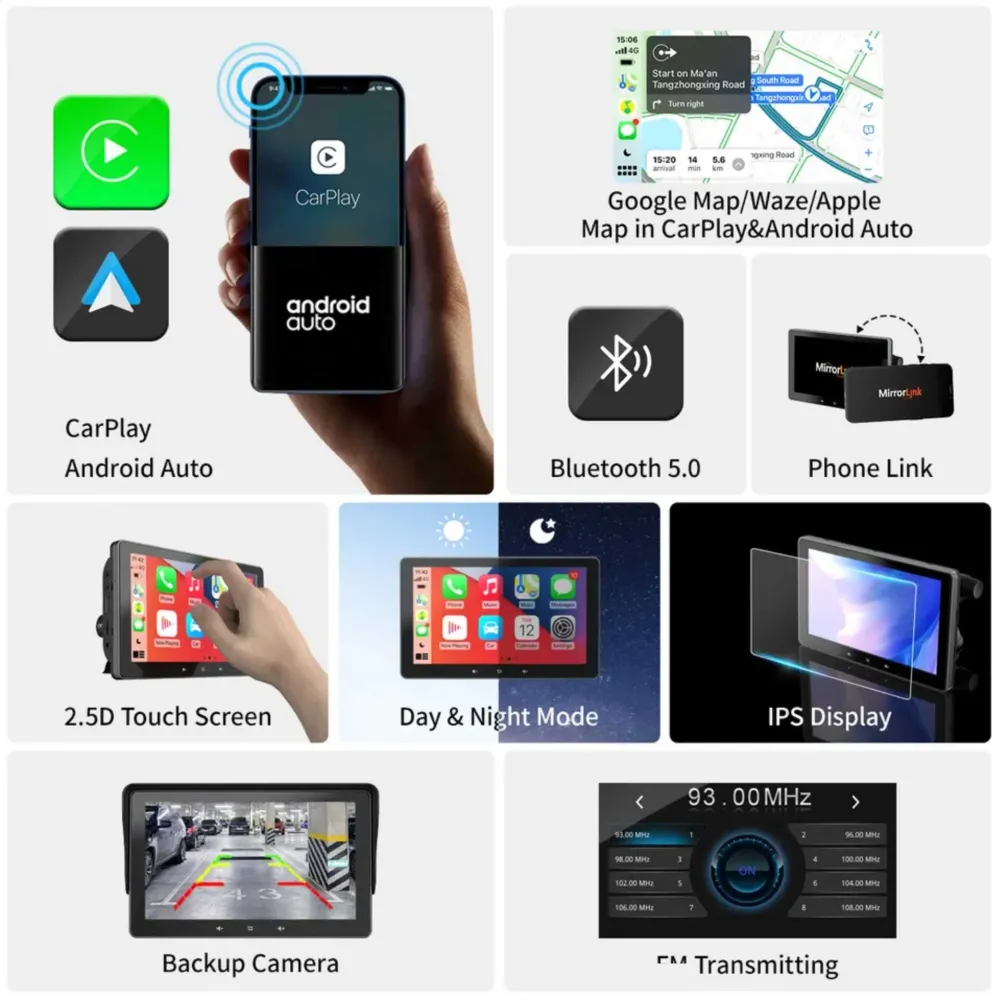 Bærbart navigationssystem med CarPlay og Android Auto | 7 tommer | Bluetooth | FM-sender | AUX