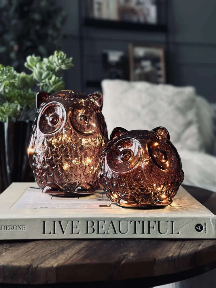 Ugle med led lys og timer - Miniature Groen