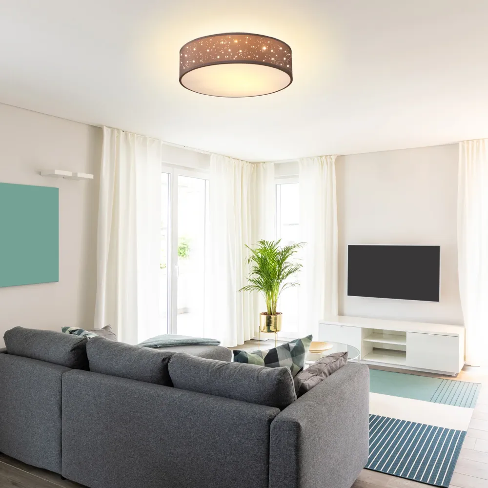 Loftslampe taupe stof Ø30 cm, stjernehimmel