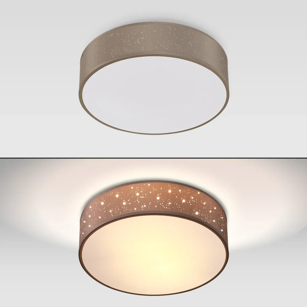 Loftslampe taupe stof Ø30 cm, stjernehimmel