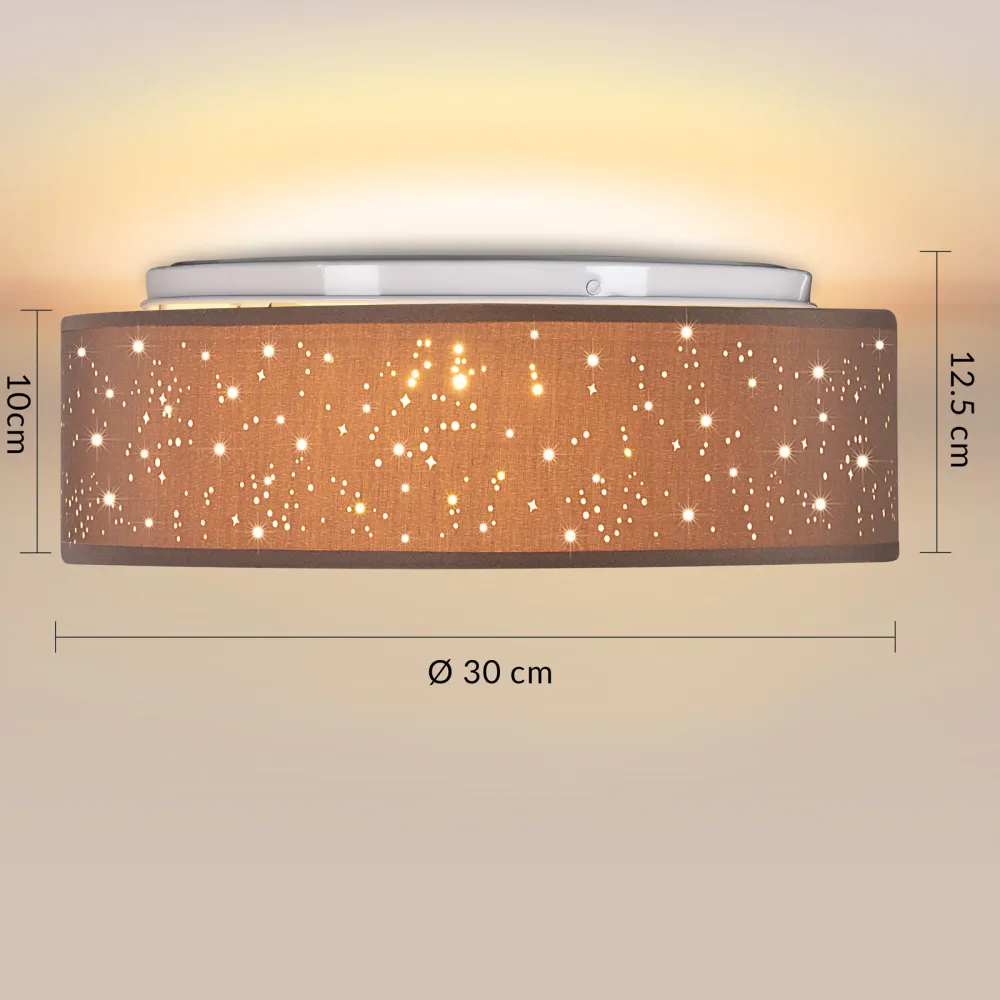 Loftslampe taupe stof Ø30 cm, stjernehimmel
