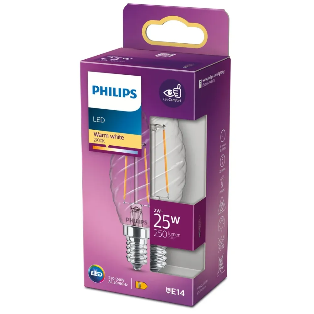 PHILIPS LEDClassic Filament 25W krystal E14, steaming hvid klar ikke dæmpbar, 1 pak