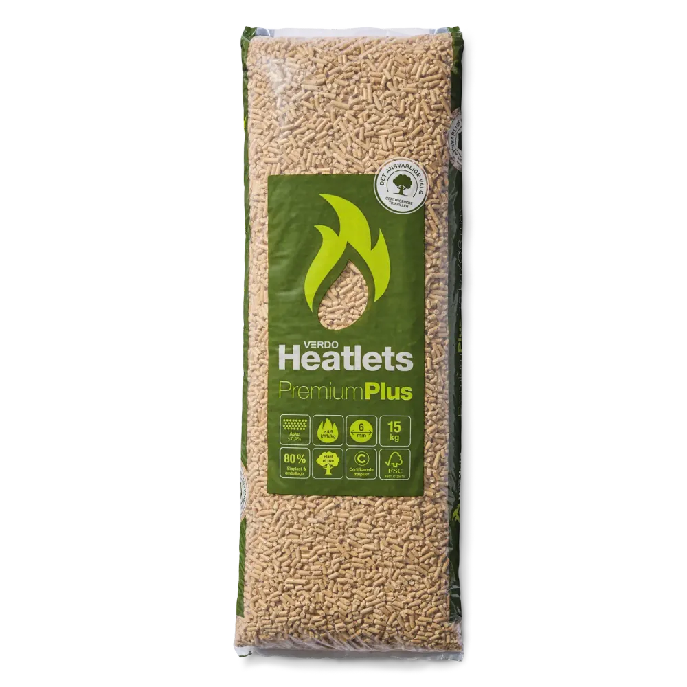 Heatlets PremiumPlus FSC® træpiller 6 mm · 15 kg pr. pose · 900 kg pr. palle