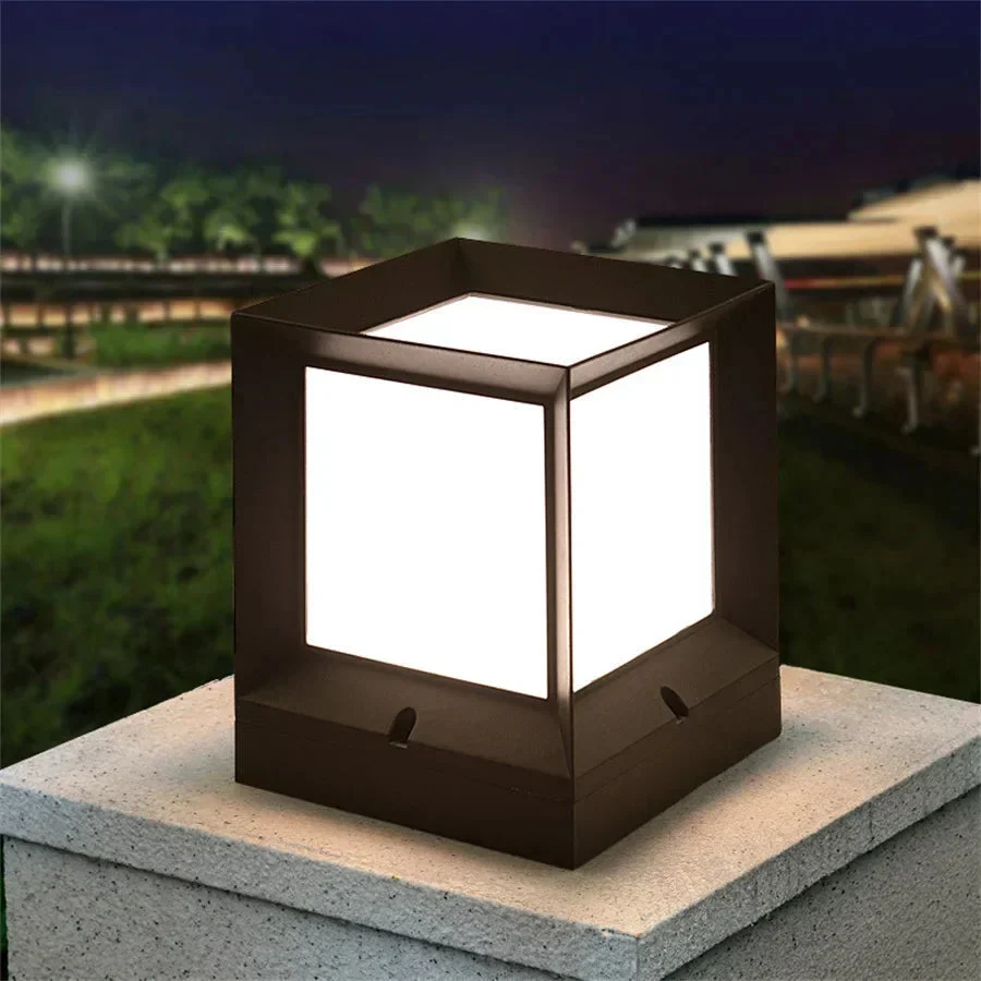 Outdoor Post Light | Modern Black Cube Pillar Lamp A